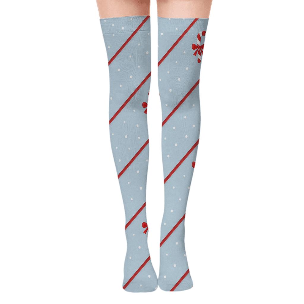 Diagonal Ribbon Trail Holiday Candy Canes comfortable cotton over-the-knee socks