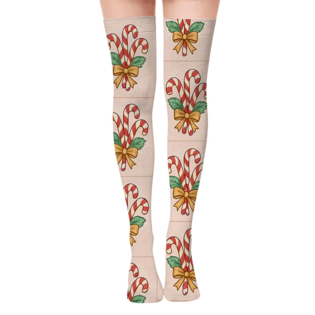 Candy Canes Bouquet Tiles On Soft Blush custom over-the-knee socks