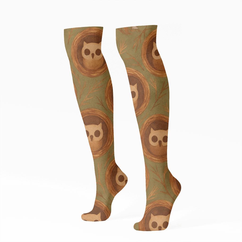 Owl Nest Ring Motif On Olive comfortable cotton knee-high socks