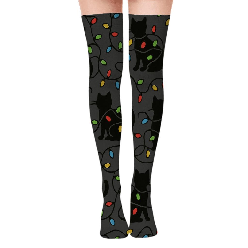 Xmas Lights Tangled Cat Silhouette Scatter stylish fashion over-the-knee socks