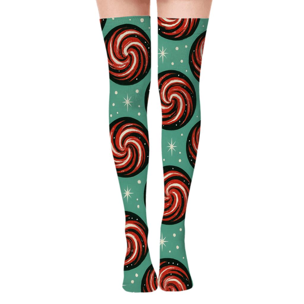 Peppermint Swirl Christmas Galaxy Dots trendy patterned over-the-knee socks