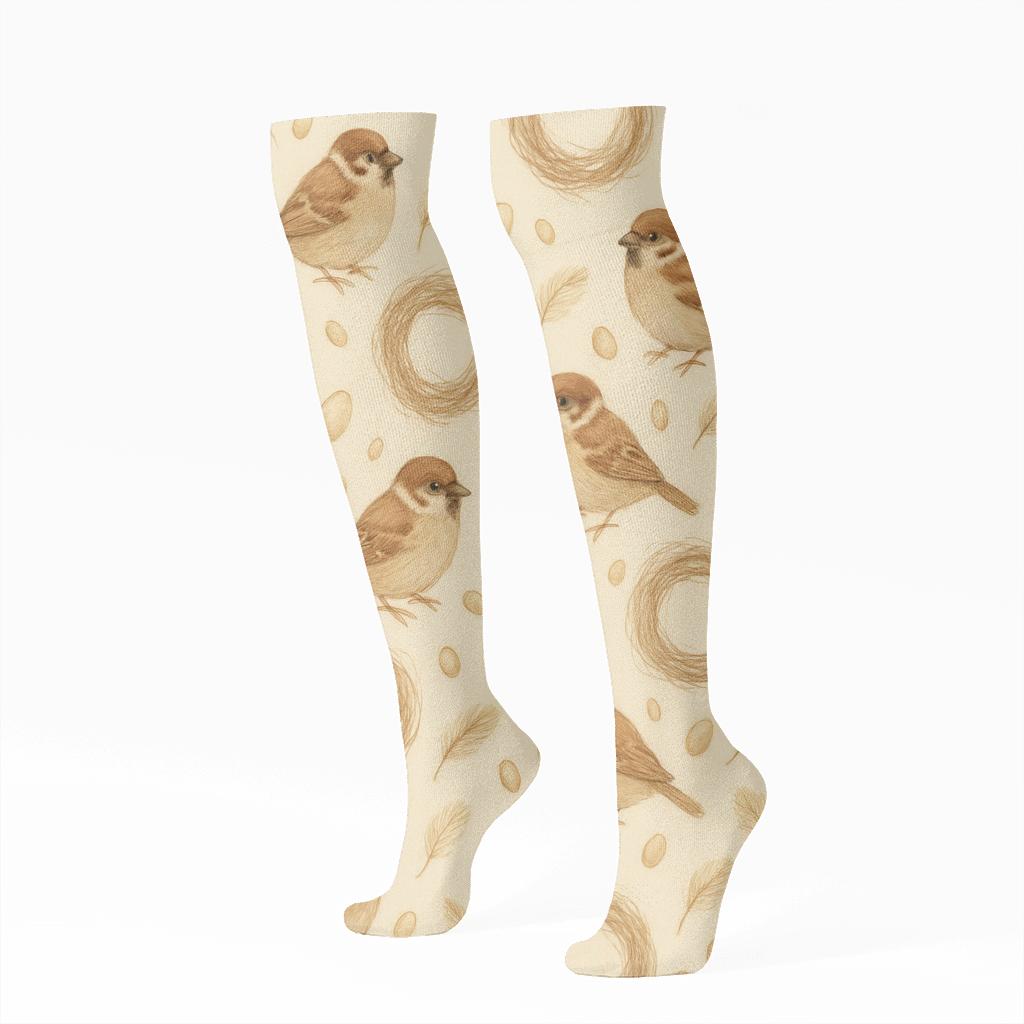 Rustic Sparrow Nest Scatter On Warm Cream personalized knee-high socks