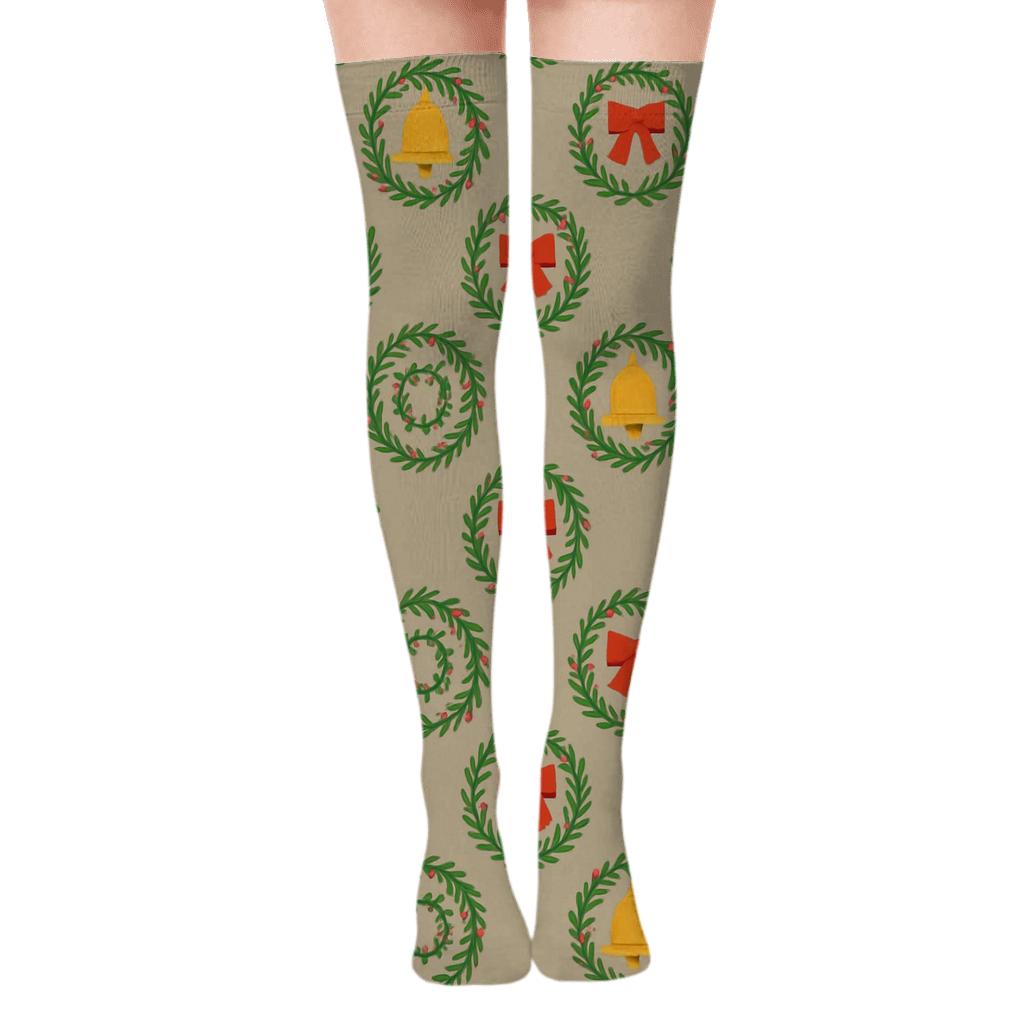 Mini Wreath Grid Xmas Sprig Tiles unique graphic over-the-knee socks