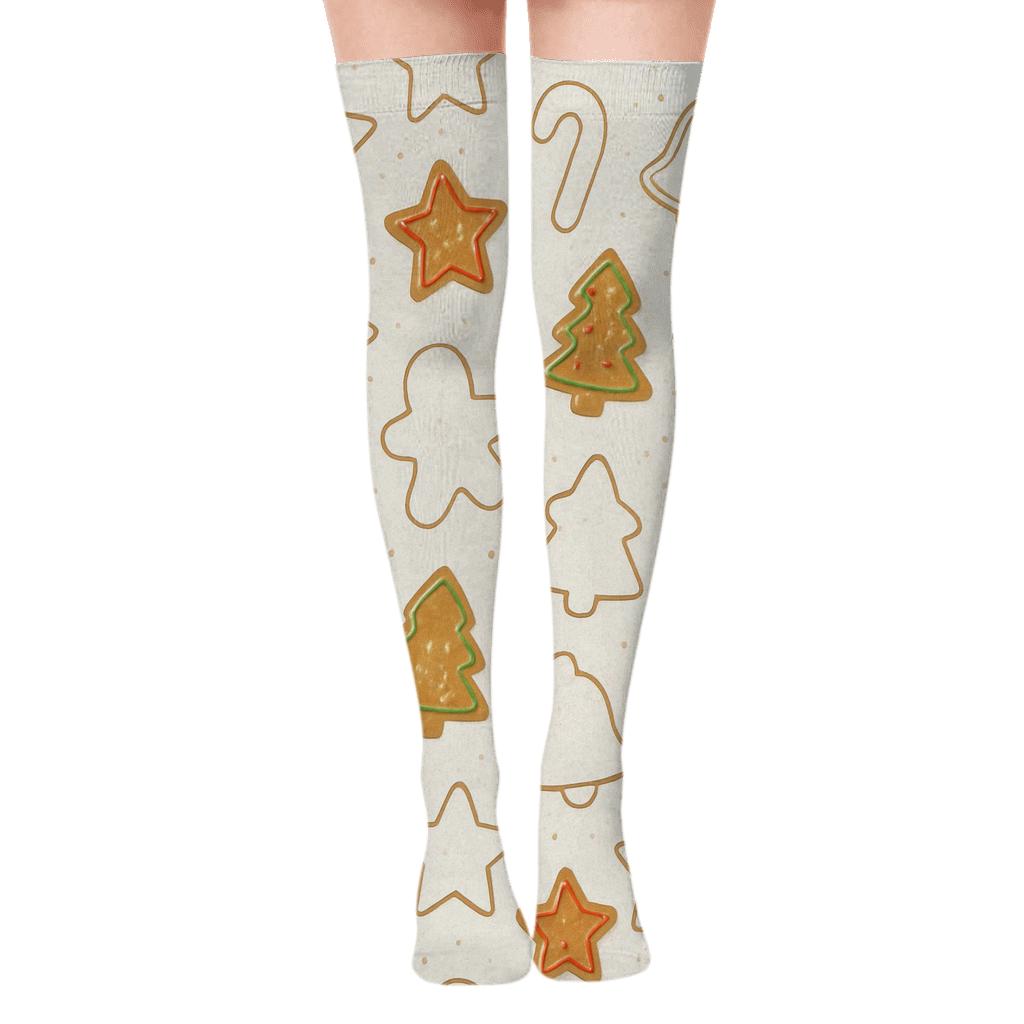 Cookie Cutter Holiday Scatter On Flour White comfortable cotton over-the-knee socks