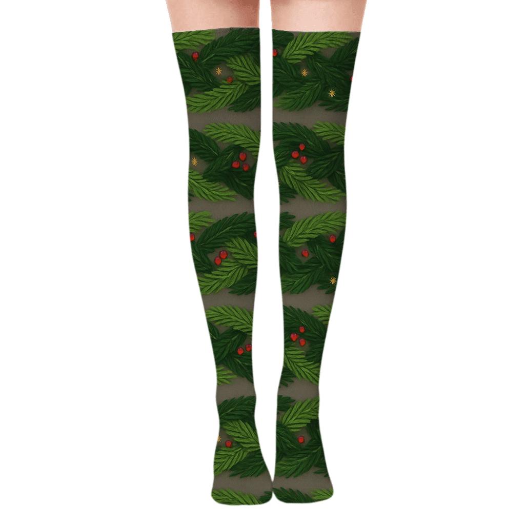 Evergreen Branch Xmas Weave Bands comfortable cotton over-the-knee socks