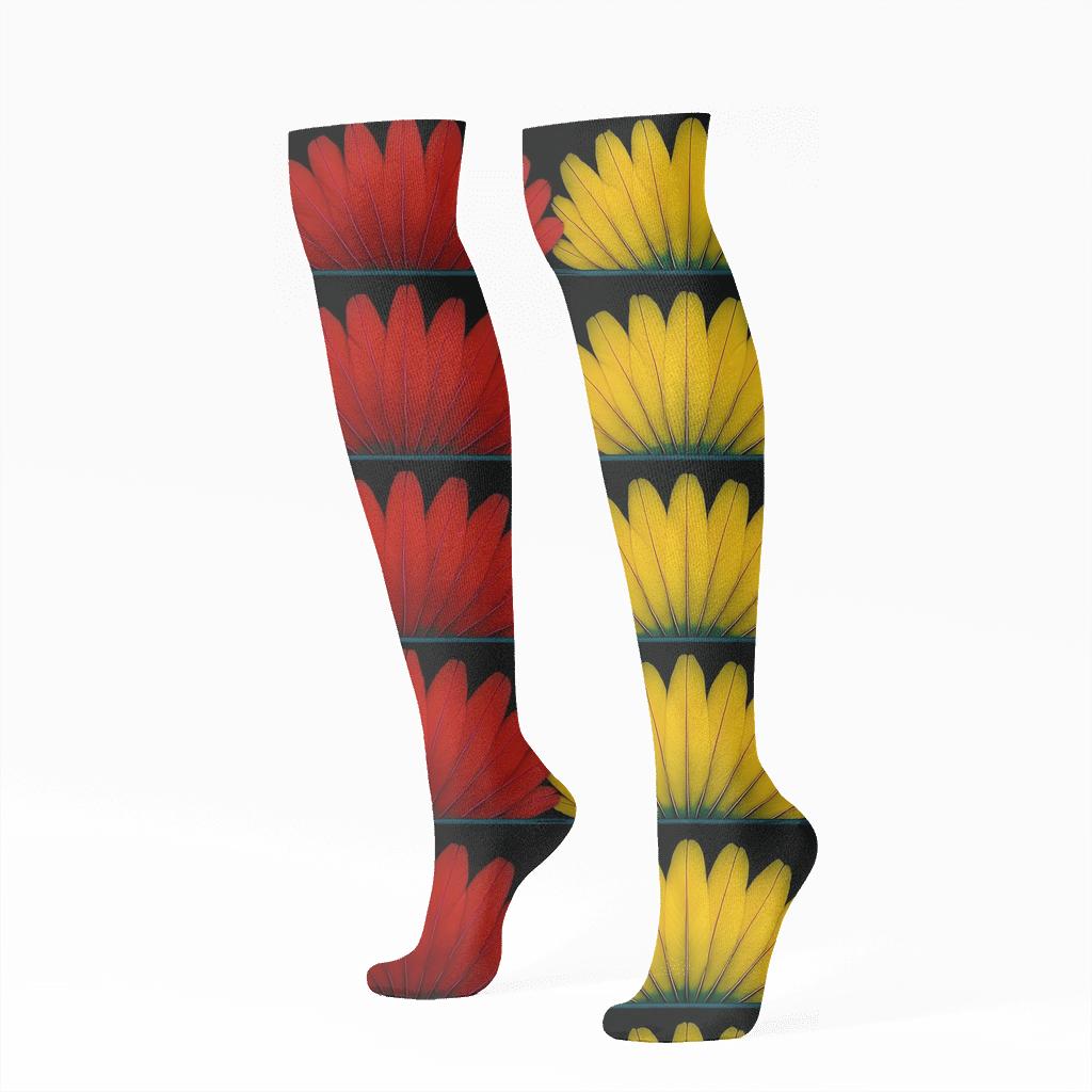 Crimson Macaw Feather Fan Bands On Black comfortable cotton knee-high socks