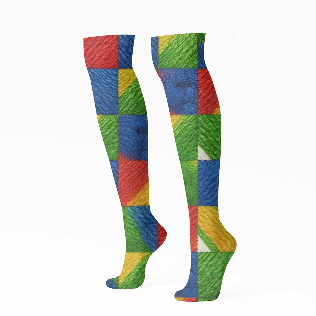Rainbow Lorikeet Checkered Plumage On White custom knee-high socks