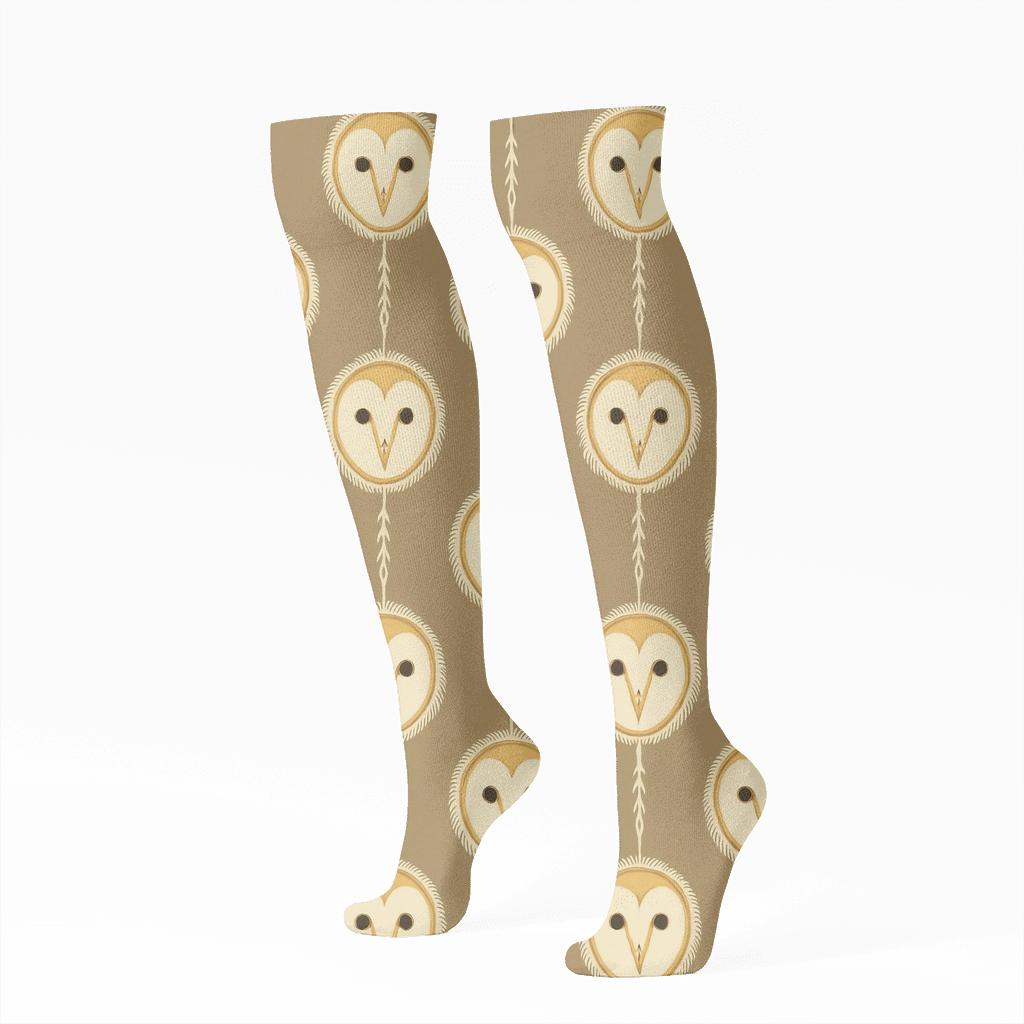 Barn Owl Mask Medallion Chains On Warm Taupe trendy patterned knee-high socks