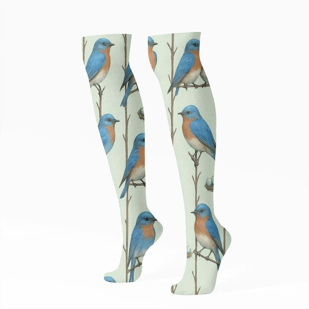 Bluebird Perch Stripe Garden On Pale Mint trendy patterned knee-high socks