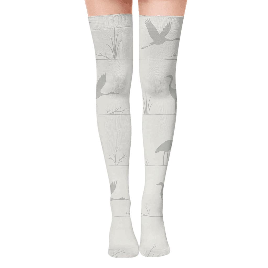 Crane Marsh Silhouette Bands On Mist White premium cozy over-the-knee socks