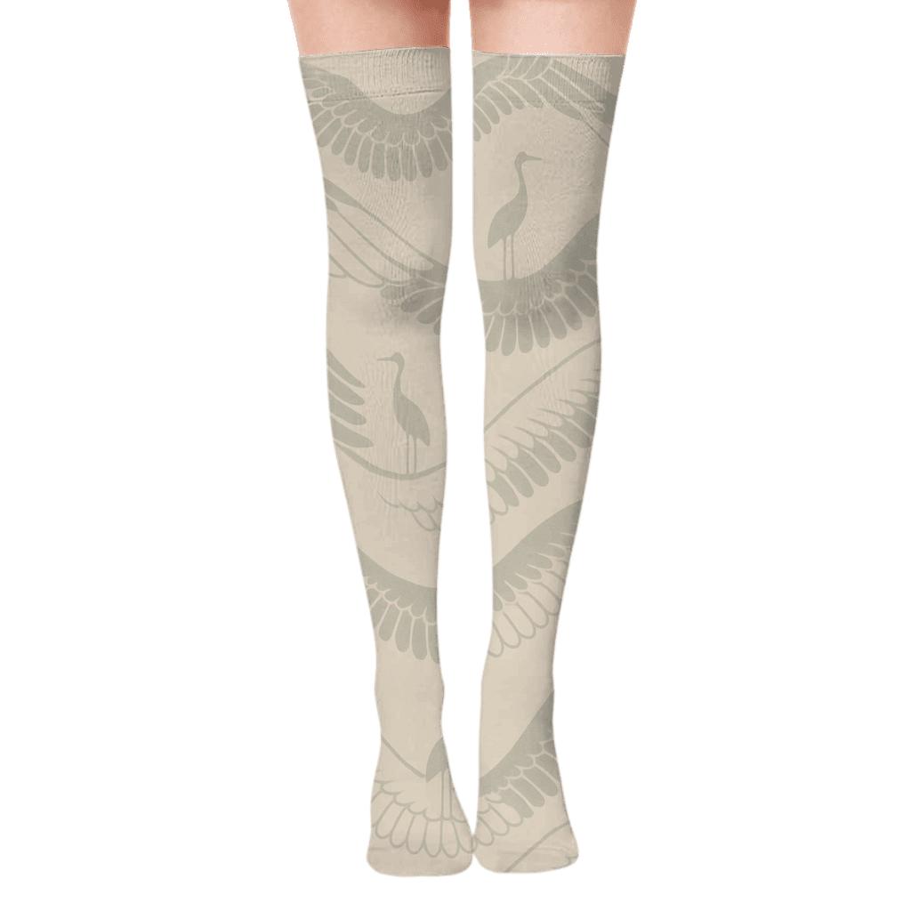 Crane Wing Wave On Pale Beige premium cozy over-the-knee socks