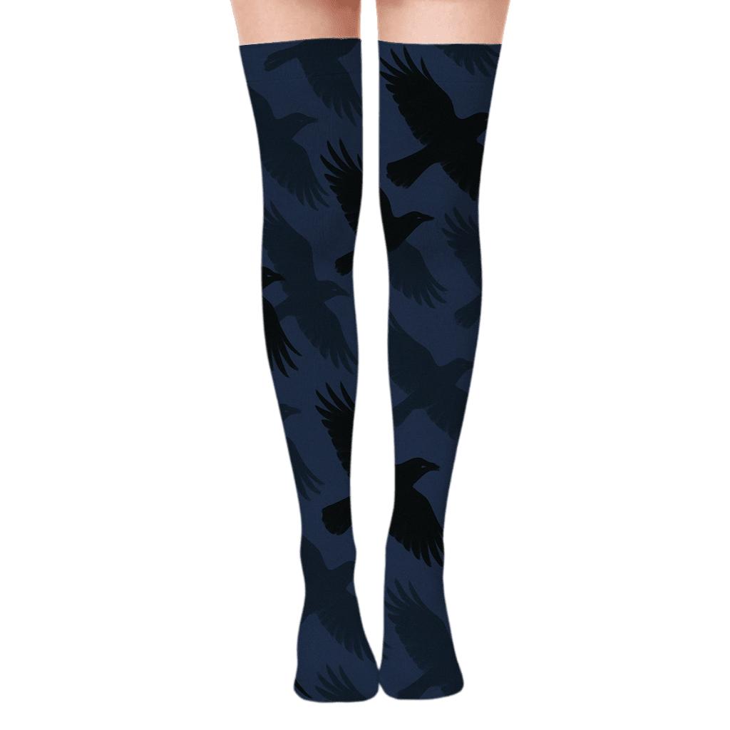 Midnight Crow Flight Silhouette On Deep Indigo trendy patterned over-the-knee socks