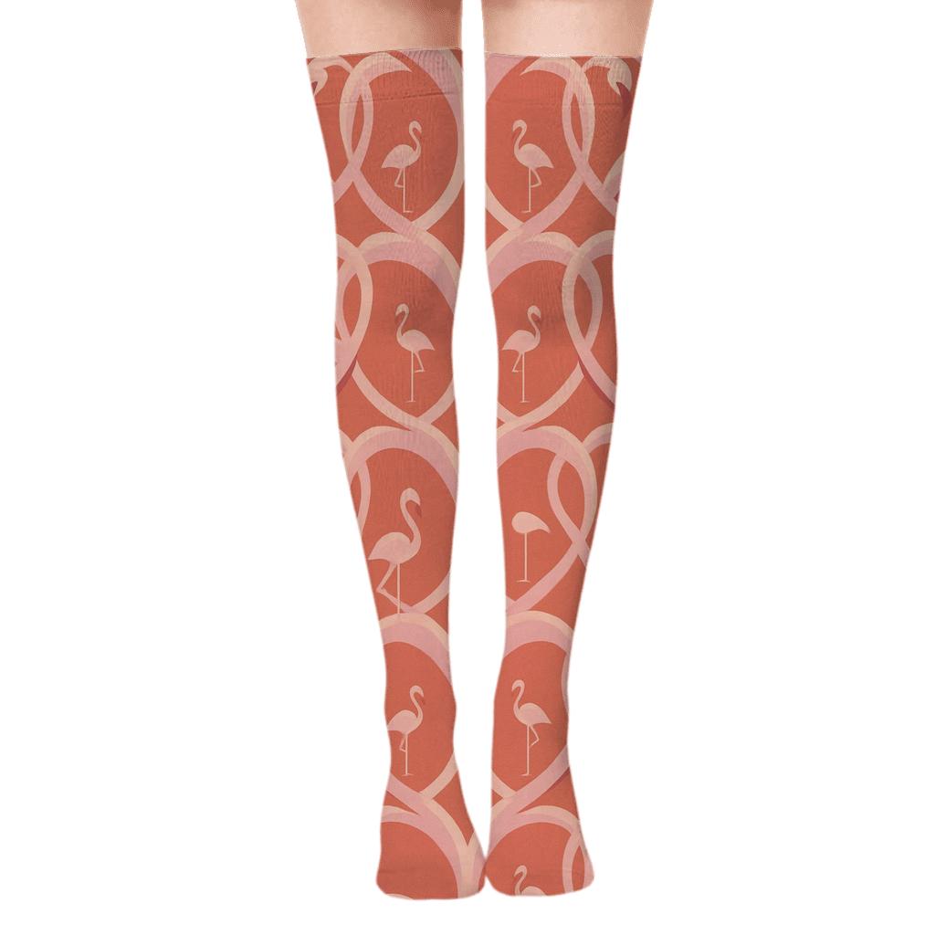 Flamingo Neck Loop Lattice On Pale Coral premium cozy over-the-knee socks