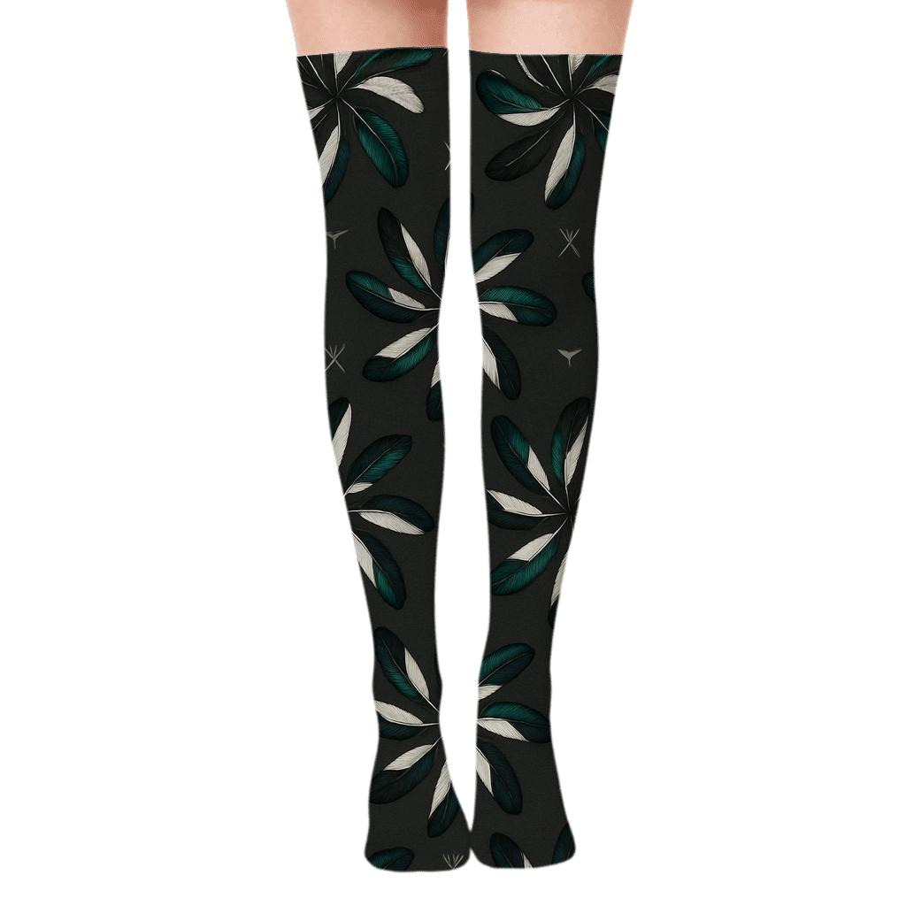 Magpie Tail Feather Radial Bursts On Charcoal custom over-the-knee socks