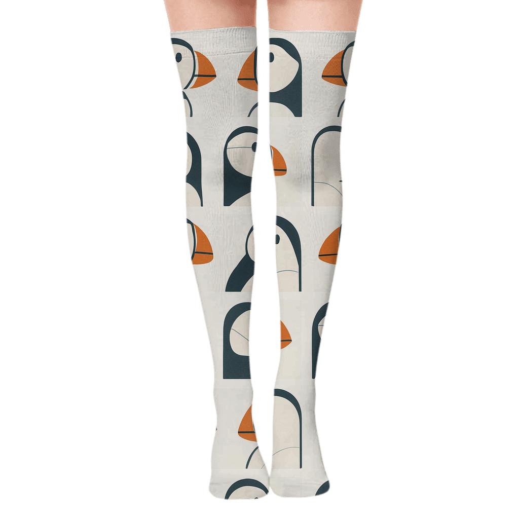 Puffin Beak Block Grid On Cool White personalized over-the-knee socks