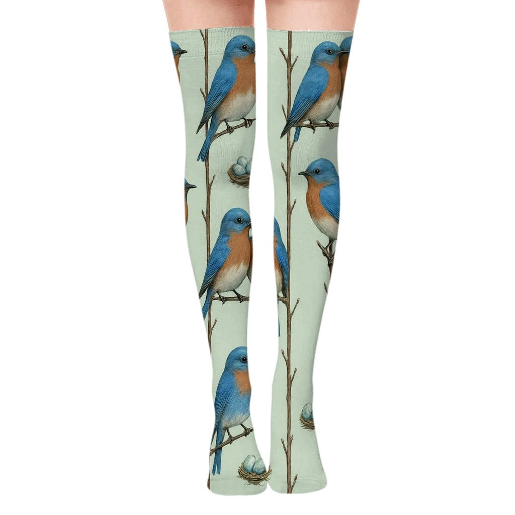Bluebird Perch Stripe Garden On Pale Mint custom over-the-knee socks