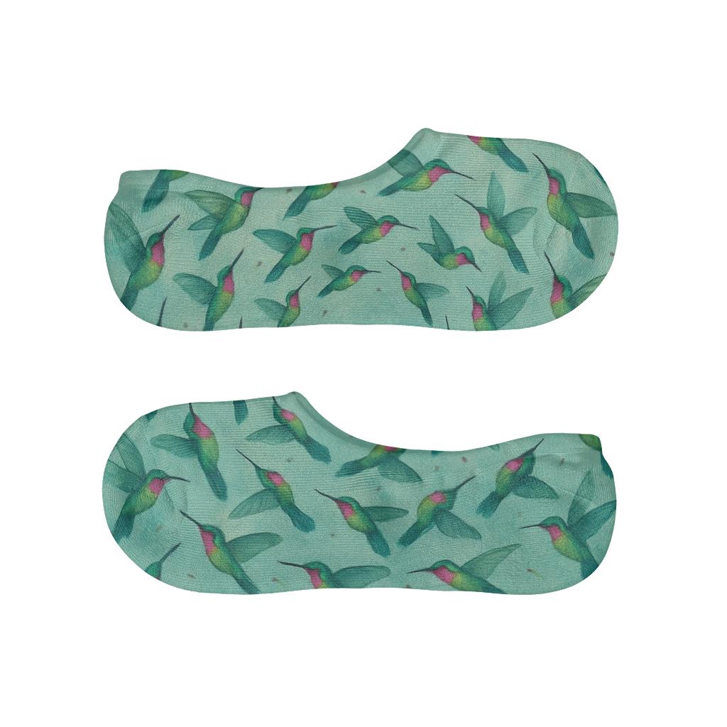 Hummingbird Orbit Rings On Soft Teal designer printed no-show socks
