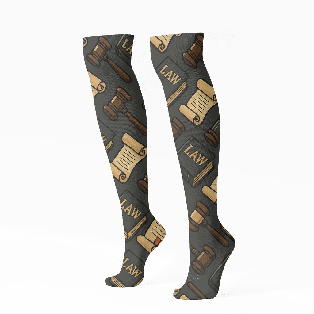 Gavel And Scroll Judge-Pattern Cascade On Charcoal Field stylish athletic knee-high socks