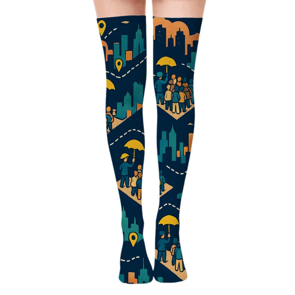 Tour Guide Skyline Tapestry Pattern soft everyday over-the-knee socks