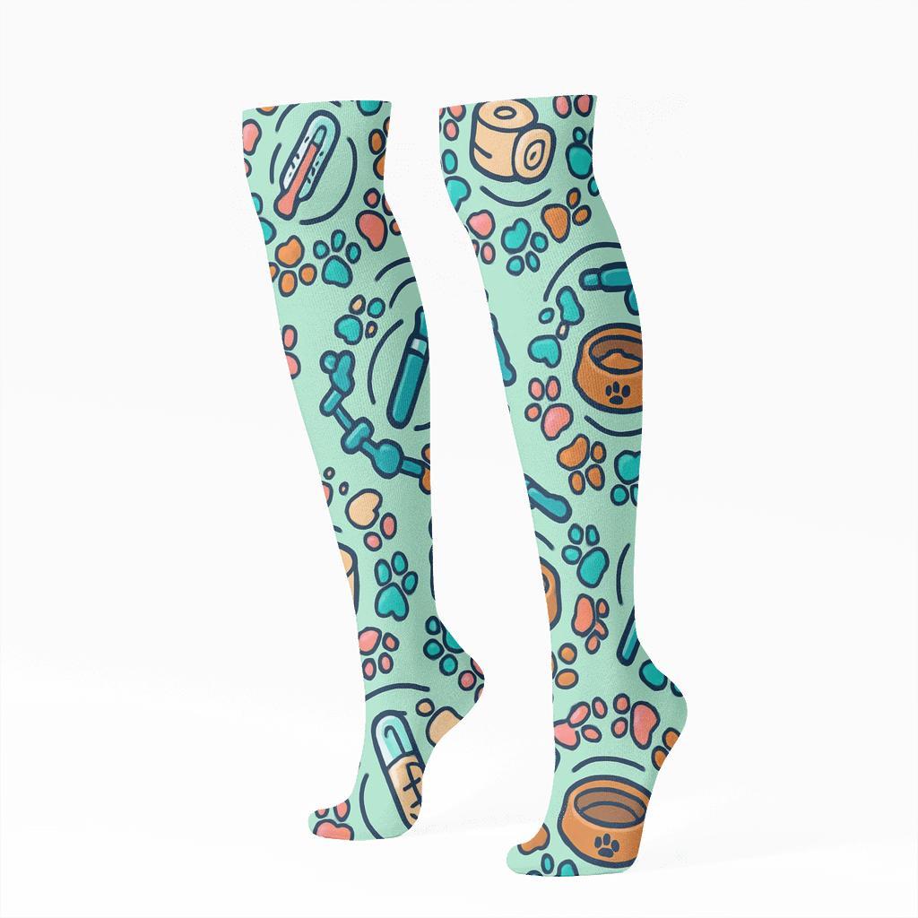 Paw Print Orbit With Veterinary Technician Tools unique graphic knee-high socks