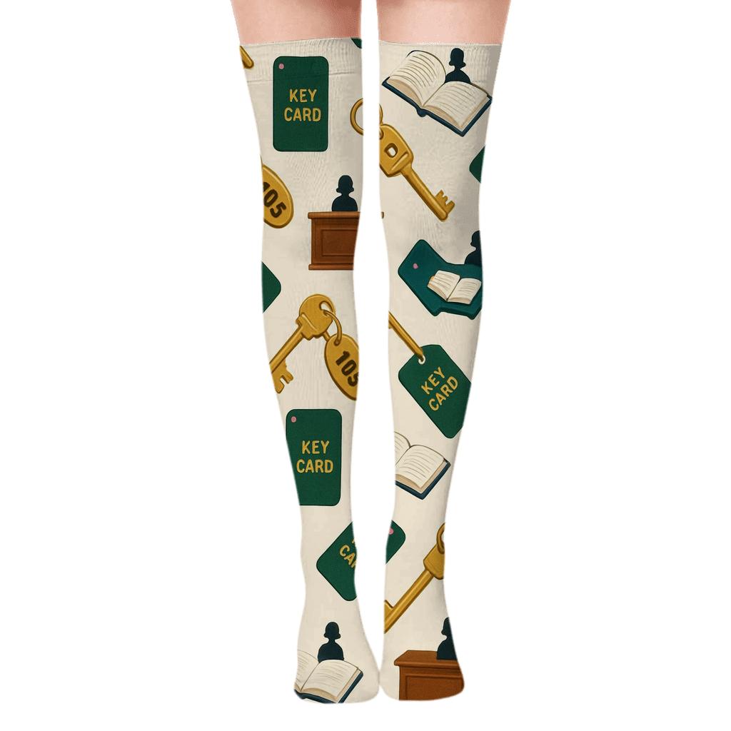 Golden Key Constellation With Hotel Receptionist Motifs soft everyday over-the-knee socks