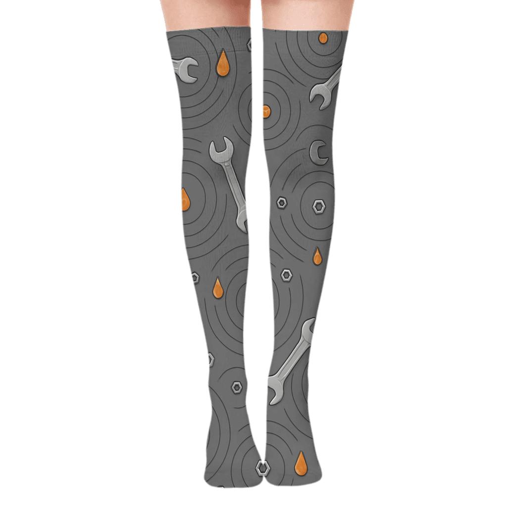 Orbital Wrench Rings Mechanic Pattern stylish fashion over-the-knee socks