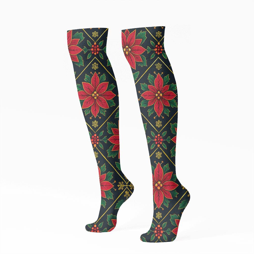 Poinsettia Star Lattice On Midnight Snow comfortable cotton knee-high socks