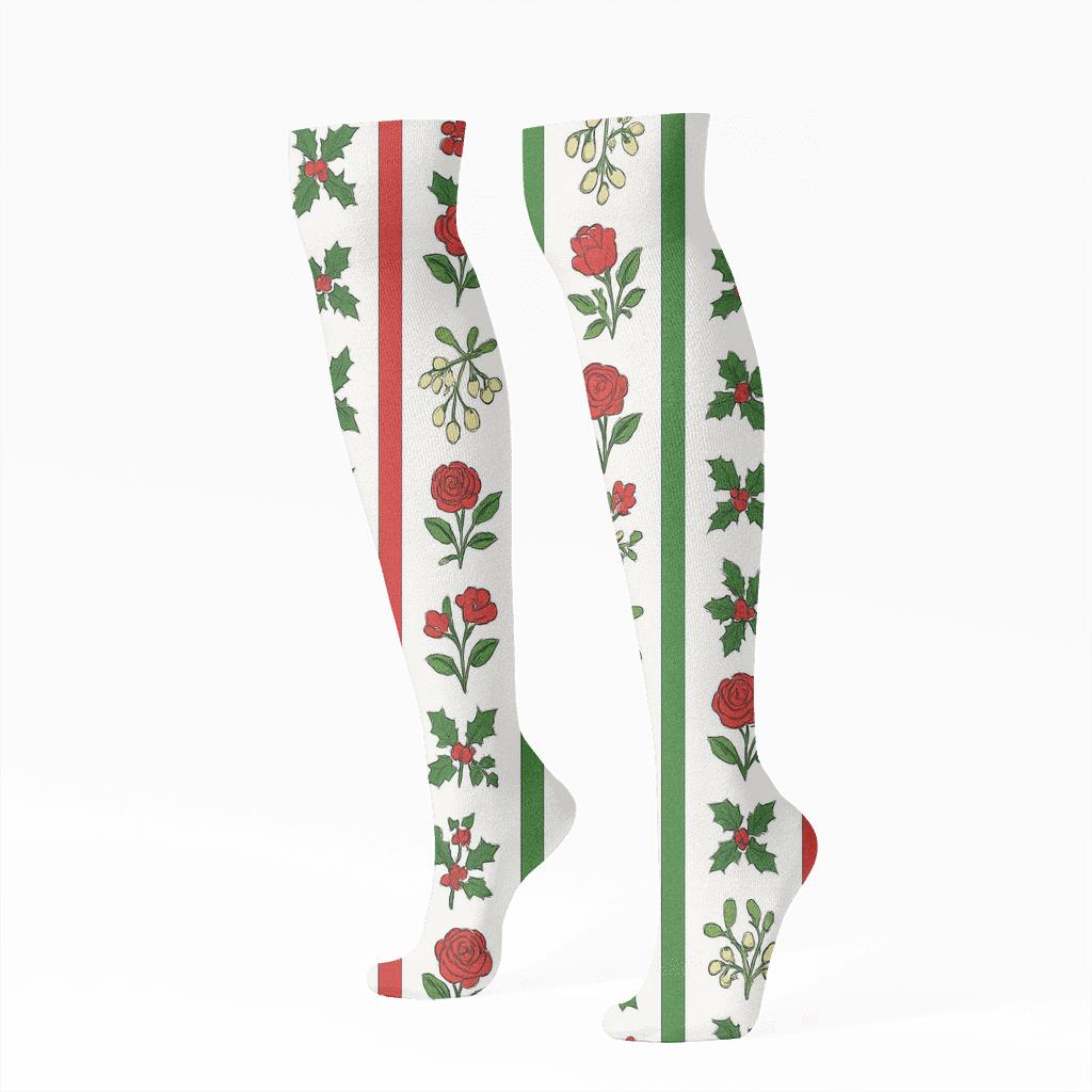Candy Cane Holly Stripe Garden designer print knee-high socks