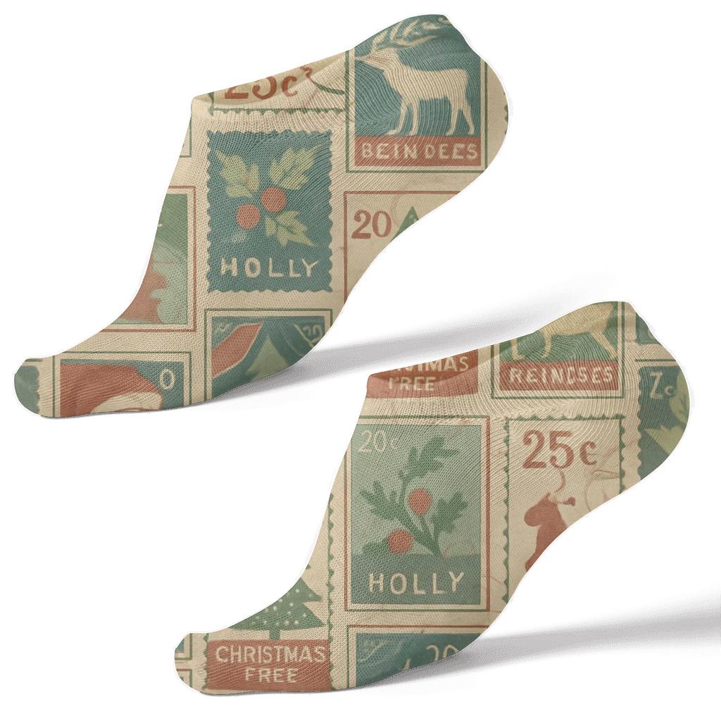 Vintage Xmas Postage Stamp Collage Pattern trendy patterned ankle socks