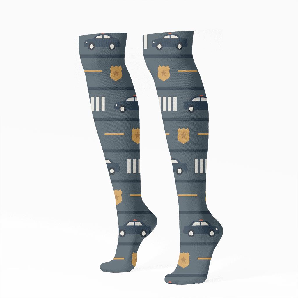 City Strip Patrol With Police Officer Motifs designer print knee-high socks