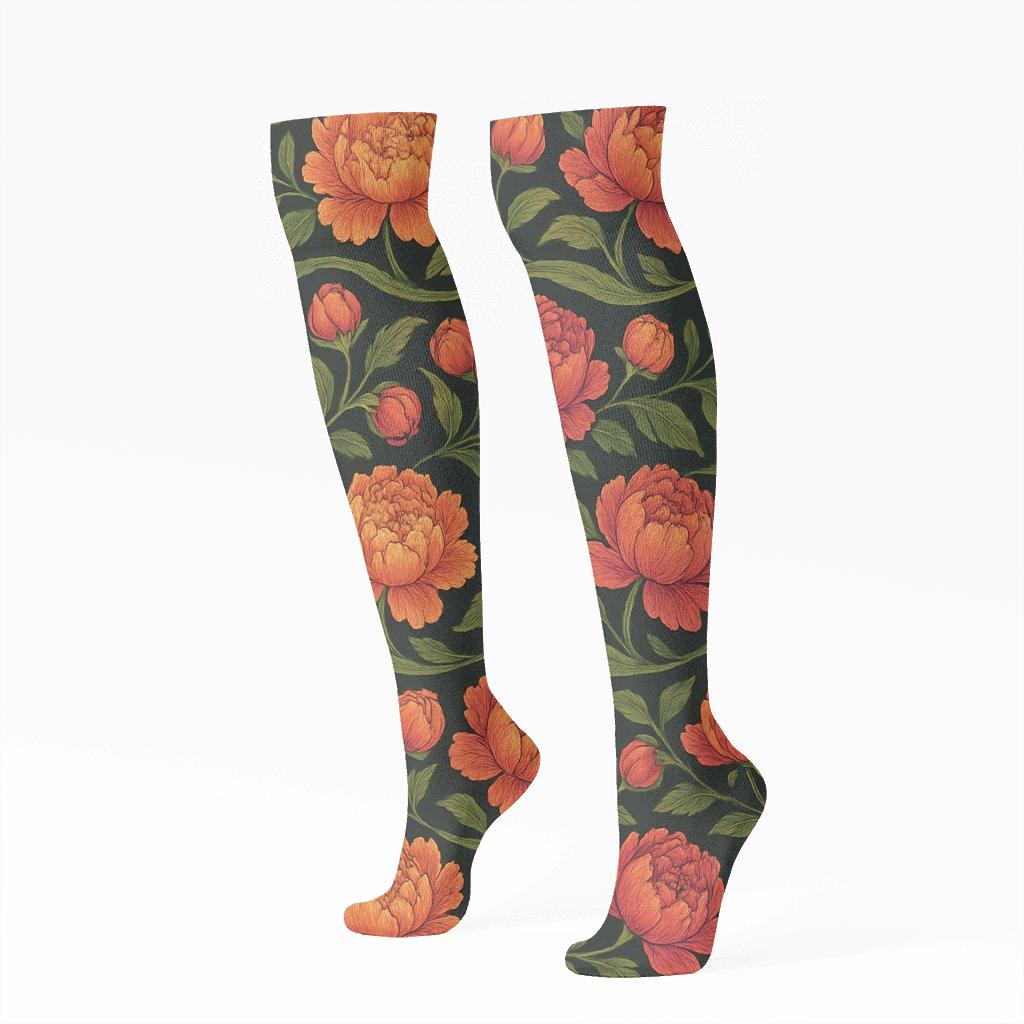 Sunset Peony Band Weave On Charcoal trendy patterned knee-high socks