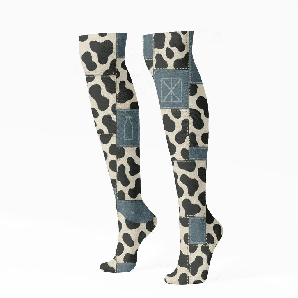 Denim Patch Cow Spot Quilt Blocks soft everyday knee-high socks