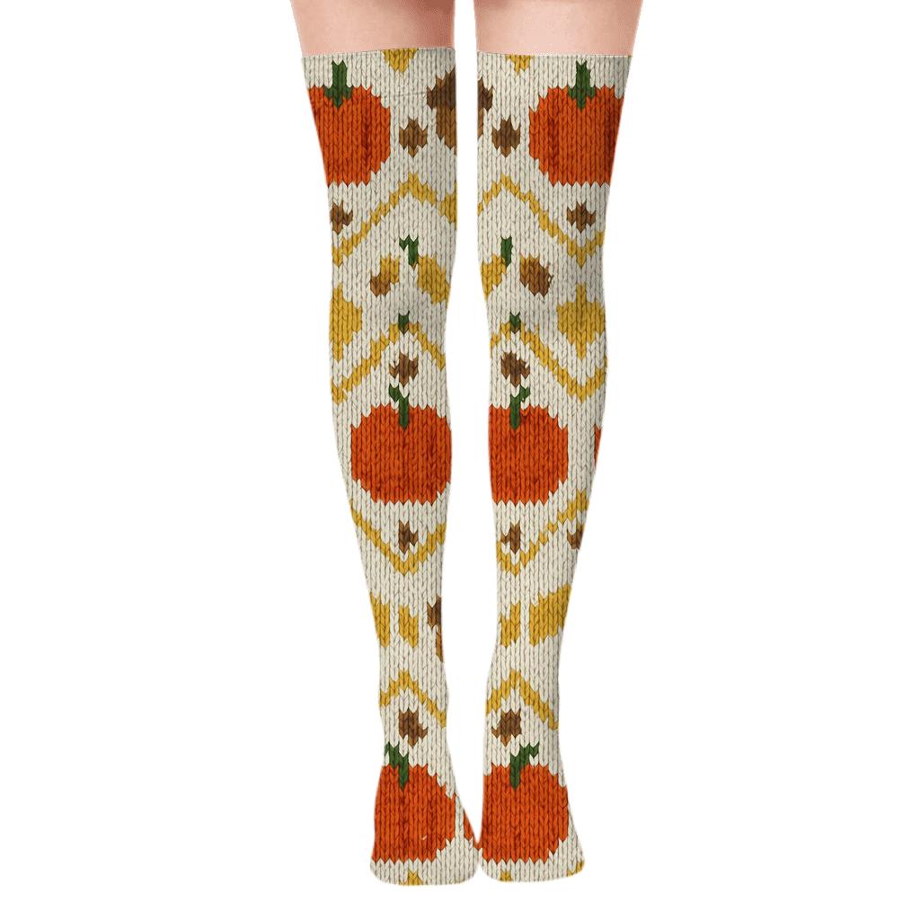 Pumpkin Patch Chevron On Cream trendy patterned over-the-knee socks