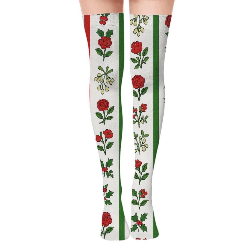 Candy Cane Holly Stripe Garden trendy patterned over-the-knee socks