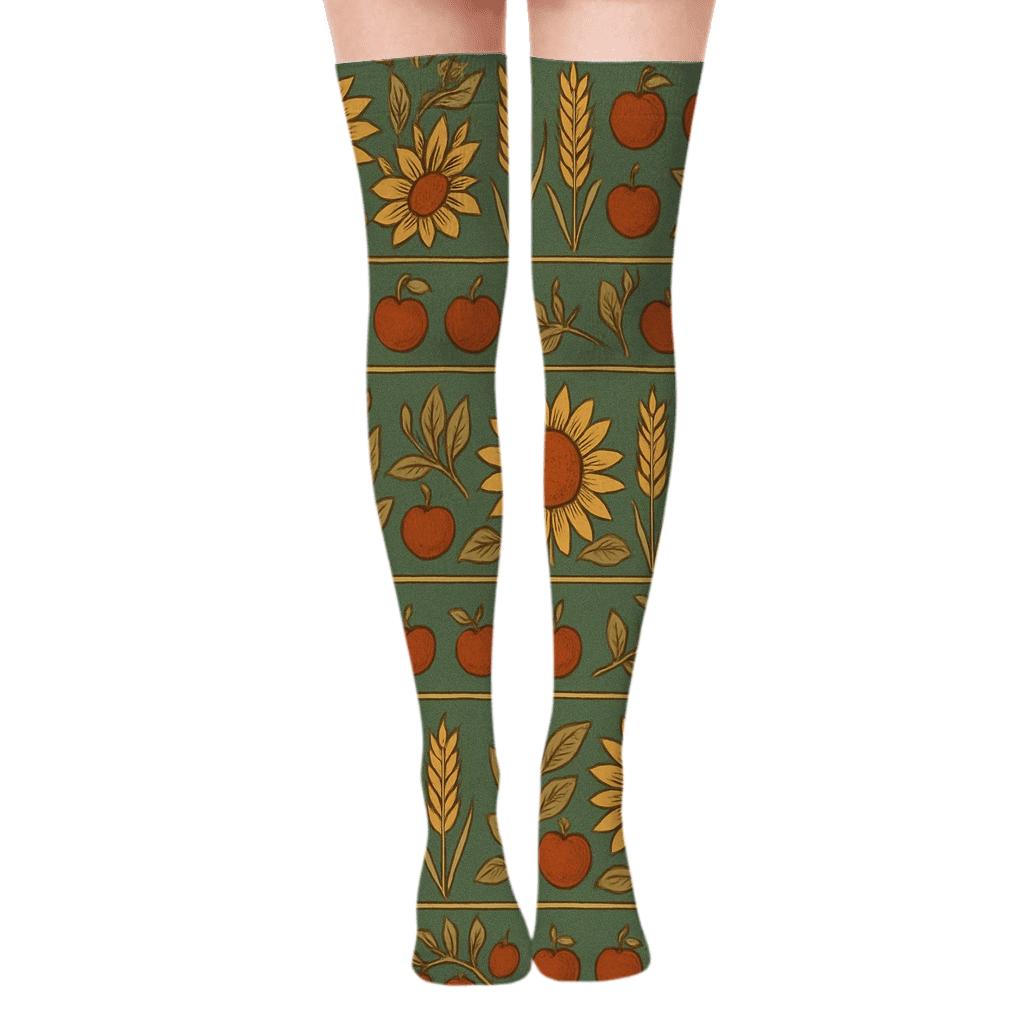 Sunflower Harvest Bands On Soft Teal premium cozy over-the-knee socks
