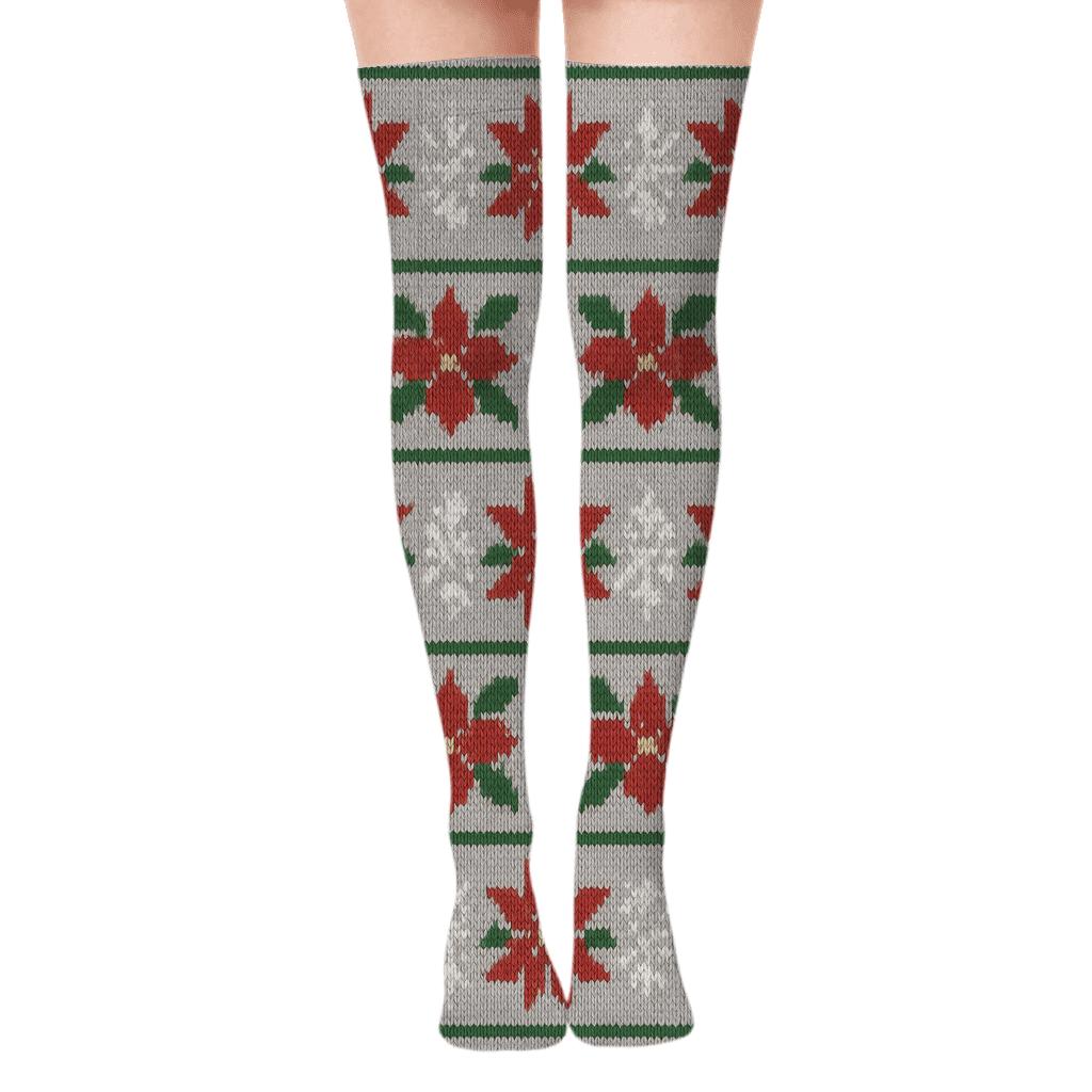 Nordic Knit Poinsettia Snowfield unique graphic over-the-knee socks