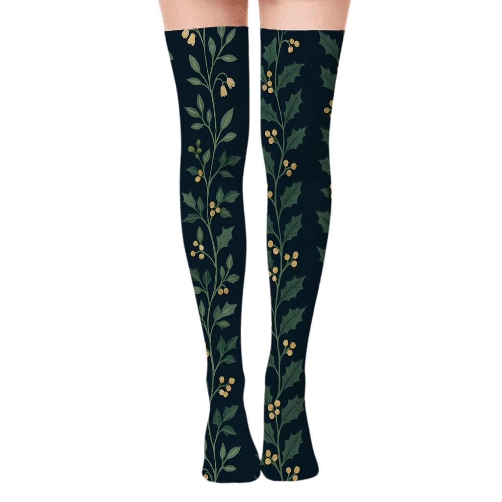 Midnight Mistletoe Vines designer print over-the-knee socks
