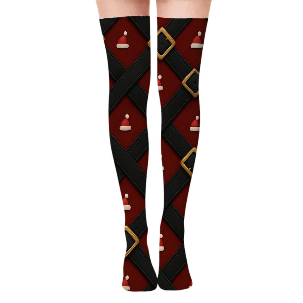 Santa Belt Lattice On Deep Red Field soft everyday over-the-knee socks