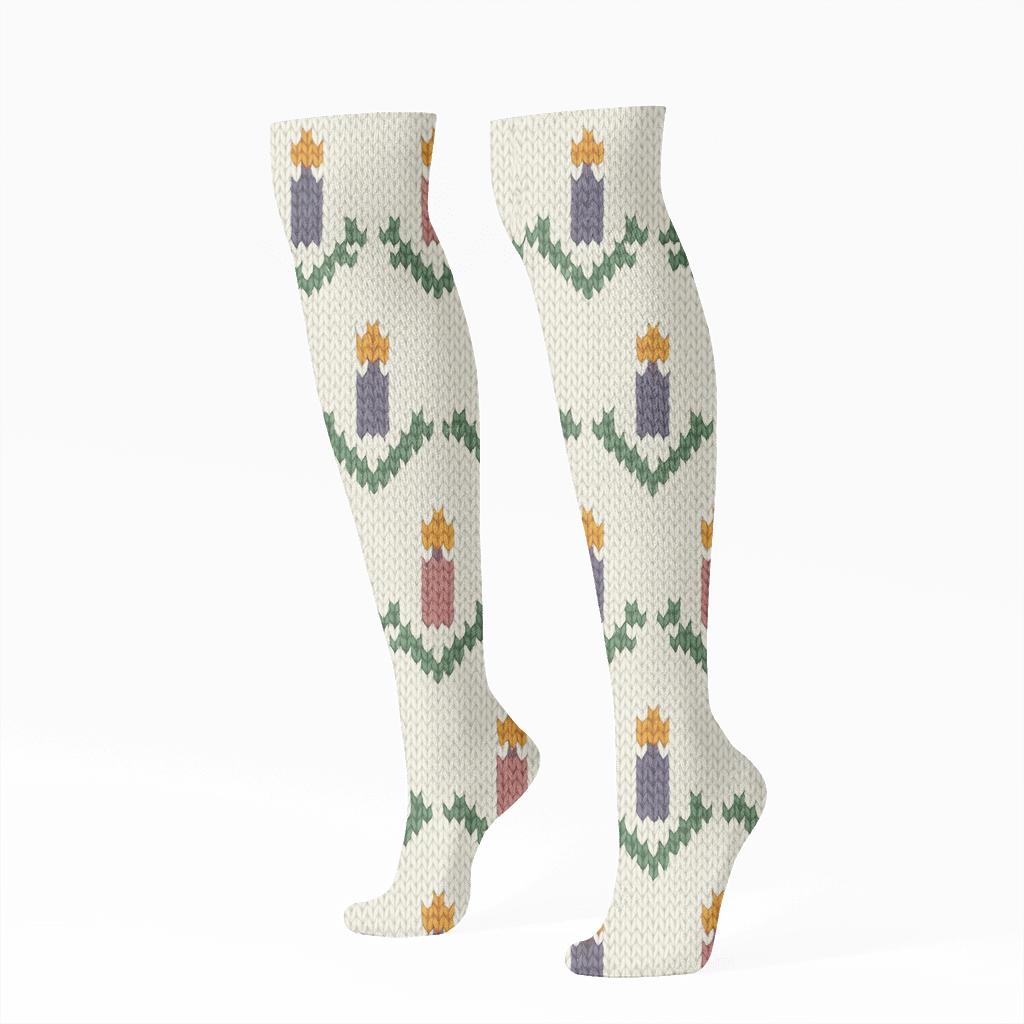 Evergreen Sprig Knit Illusion (Advent Candles Edition) designer print knee-high socks