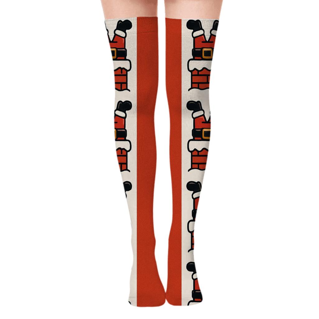 Crimson Chimney Stripe With Santa Stuck Motif custom over-the-knee socks