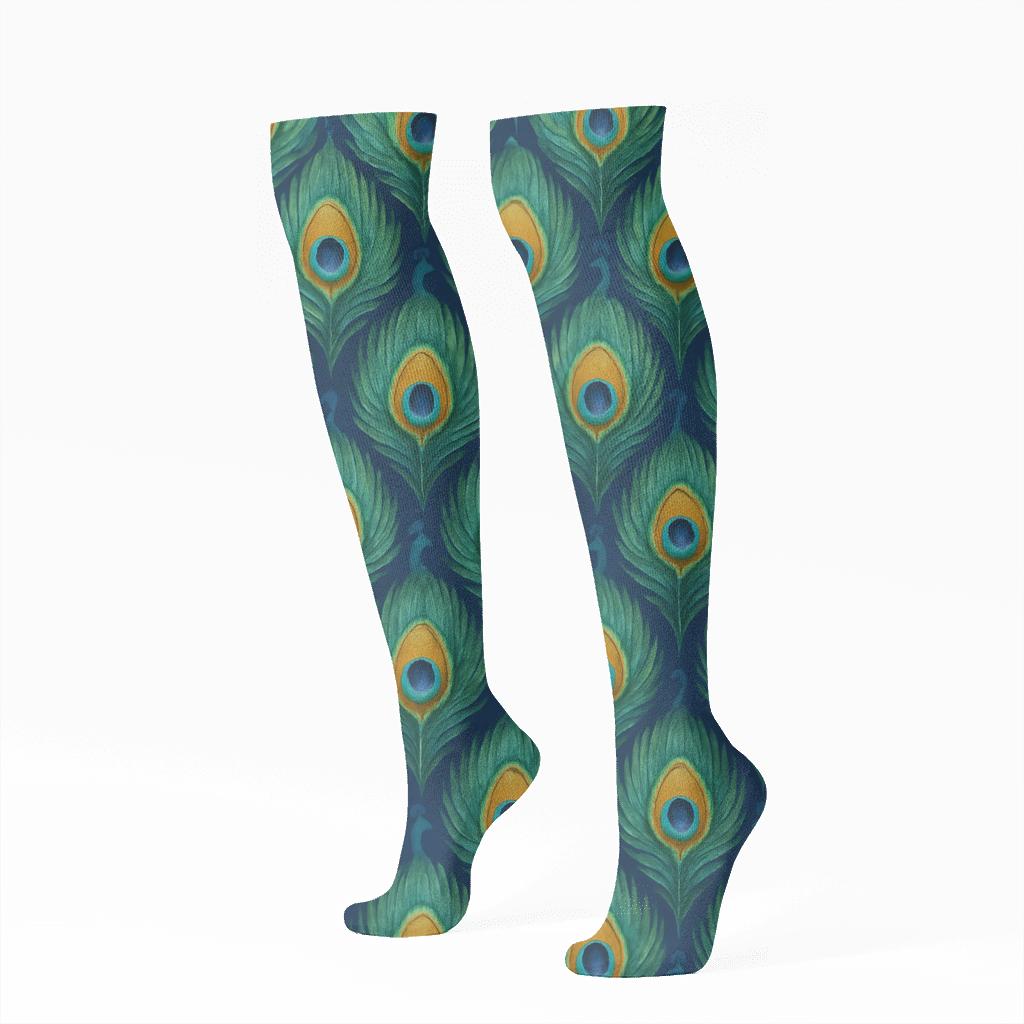 Peacock Feather Fan Tessellation On Deep Navy personalized knee-high socks