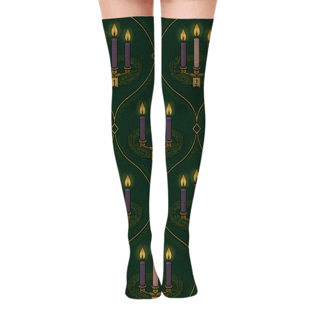 Advent Candles Wreath Lattice On Deep Evergreen soft everyday over-the-knee socks