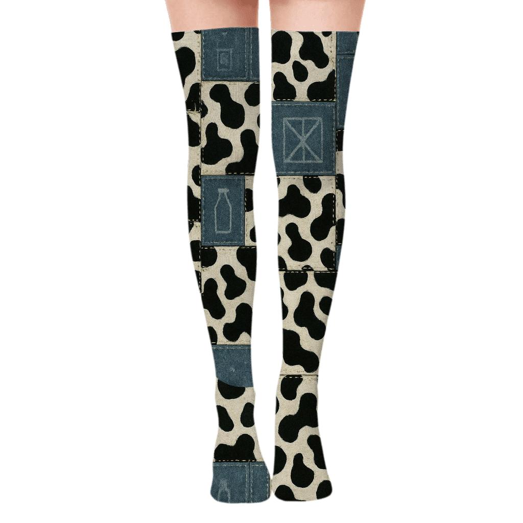 Denim Patch Cow Spot Quilt Blocks stylish fashion over-the-knee socks