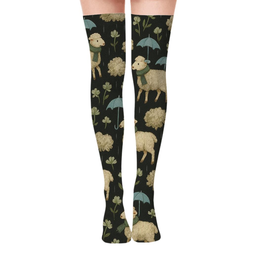 Rainy Pasture Sheep-Scatter Nightfield custom over-the-knee socks