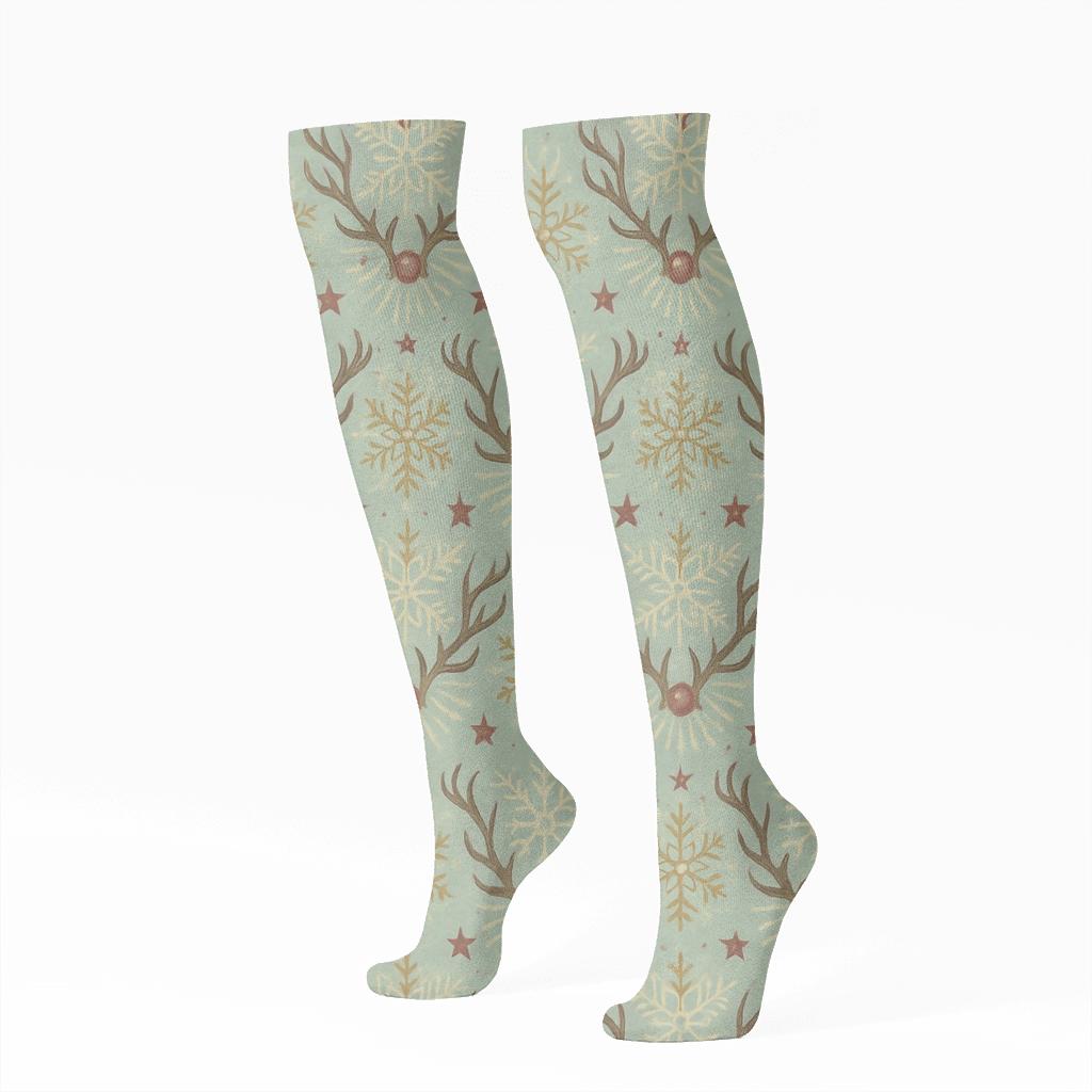 Snowflake Crown With Rudolph Antlers Motif comfortable cotton knee-high socks