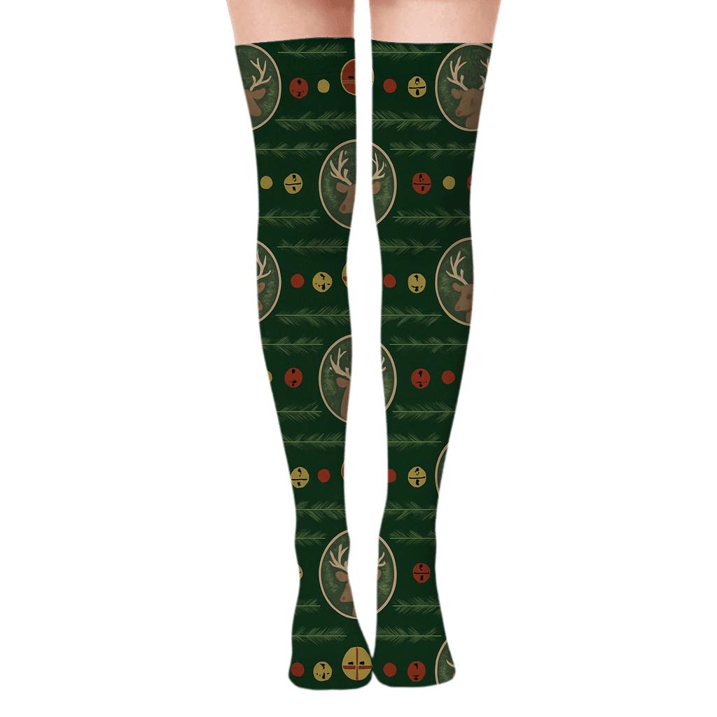 Antler Medallions With Reindeer Bells Band Pattern comfortable cotton over-the-knee socks