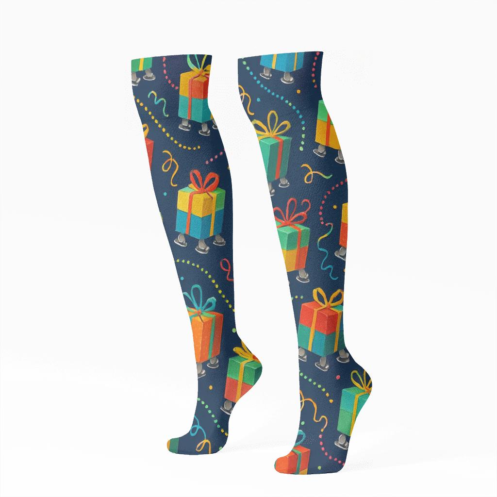 Confetti Trail Gift Boxes Presents Edition unique graphic knee-high socks
