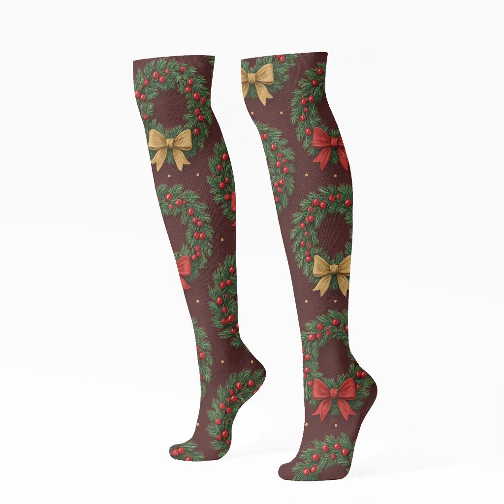 Holiday Wreath Medallion Tiles soft everyday knee-high socks