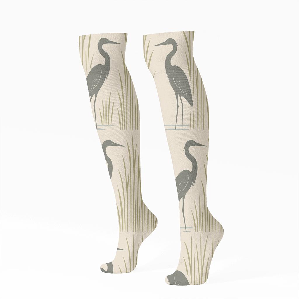 Heron Reed Stripe Silhouette On Misty Beige comfortable cotton knee-high socks
