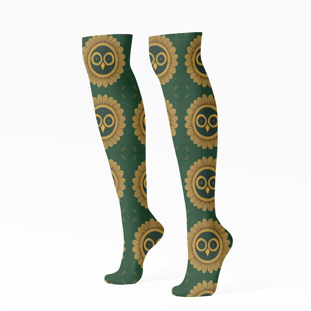 Owl Eye Rosette Grid On Deep Forest Green trendy patterned knee-high socks